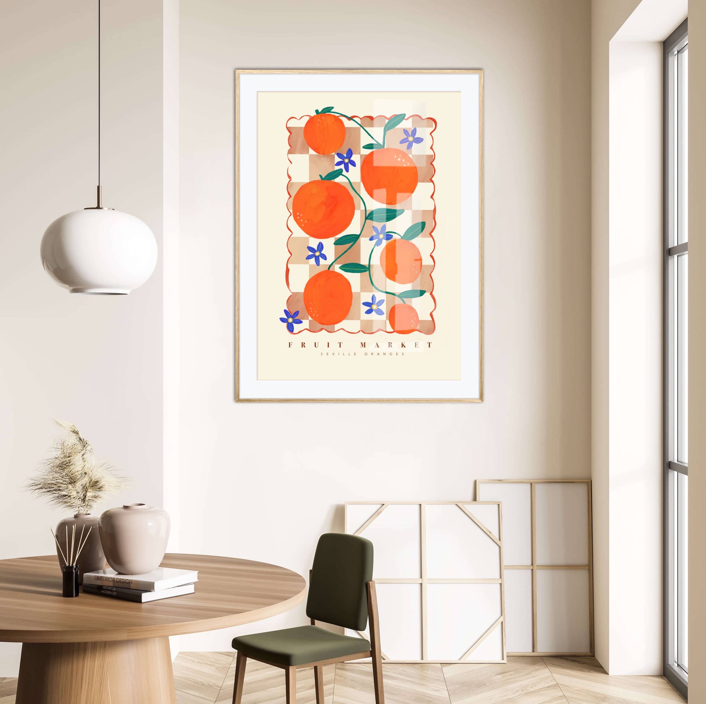 Modern Pink Art Print of Colourful Orange Fruit Market