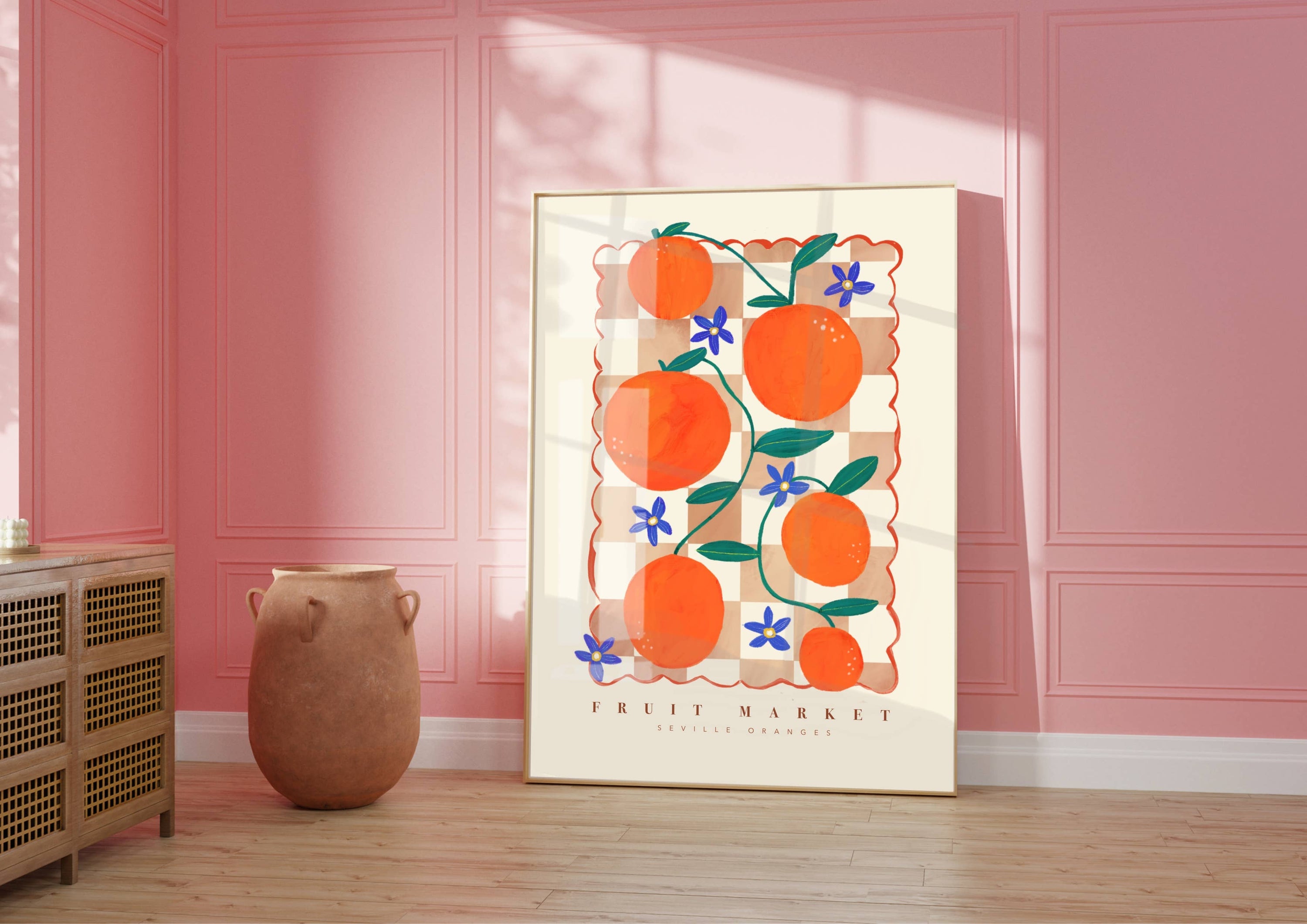 Modern Pink Art Print of Colourful Orange Fruit Market