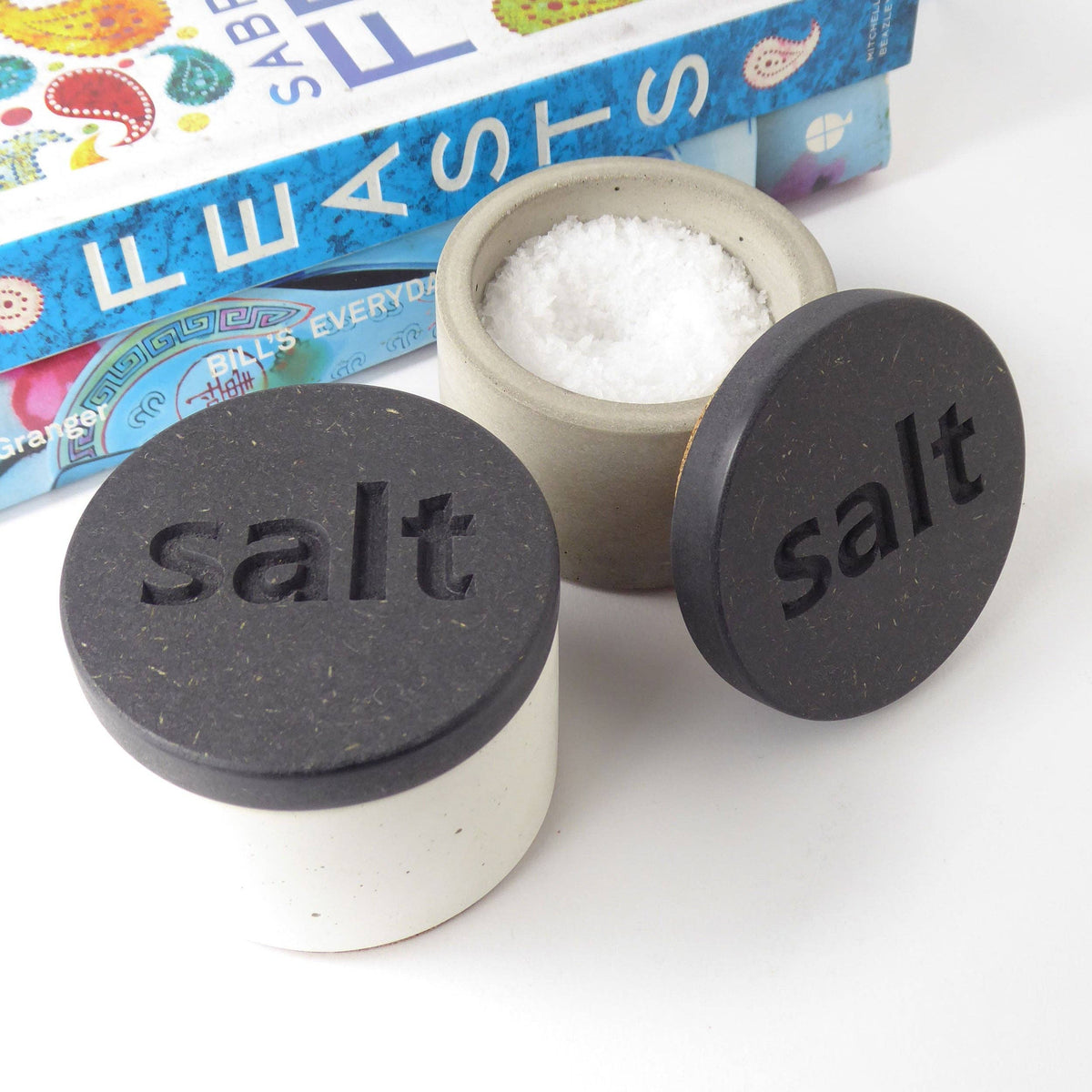 Concrete salt pot with black engraved wooden lid