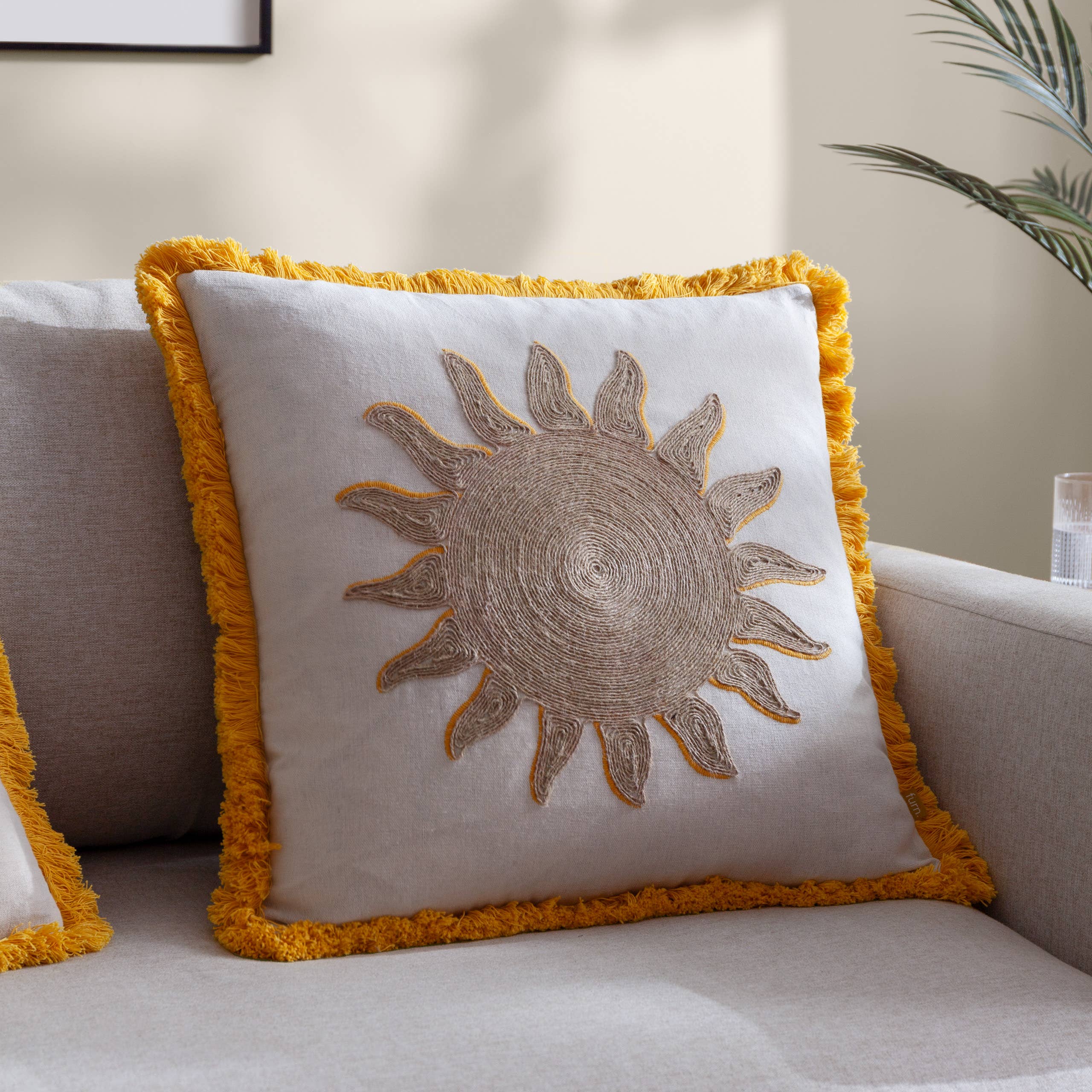 Sun Embroidered Cushion Yellow