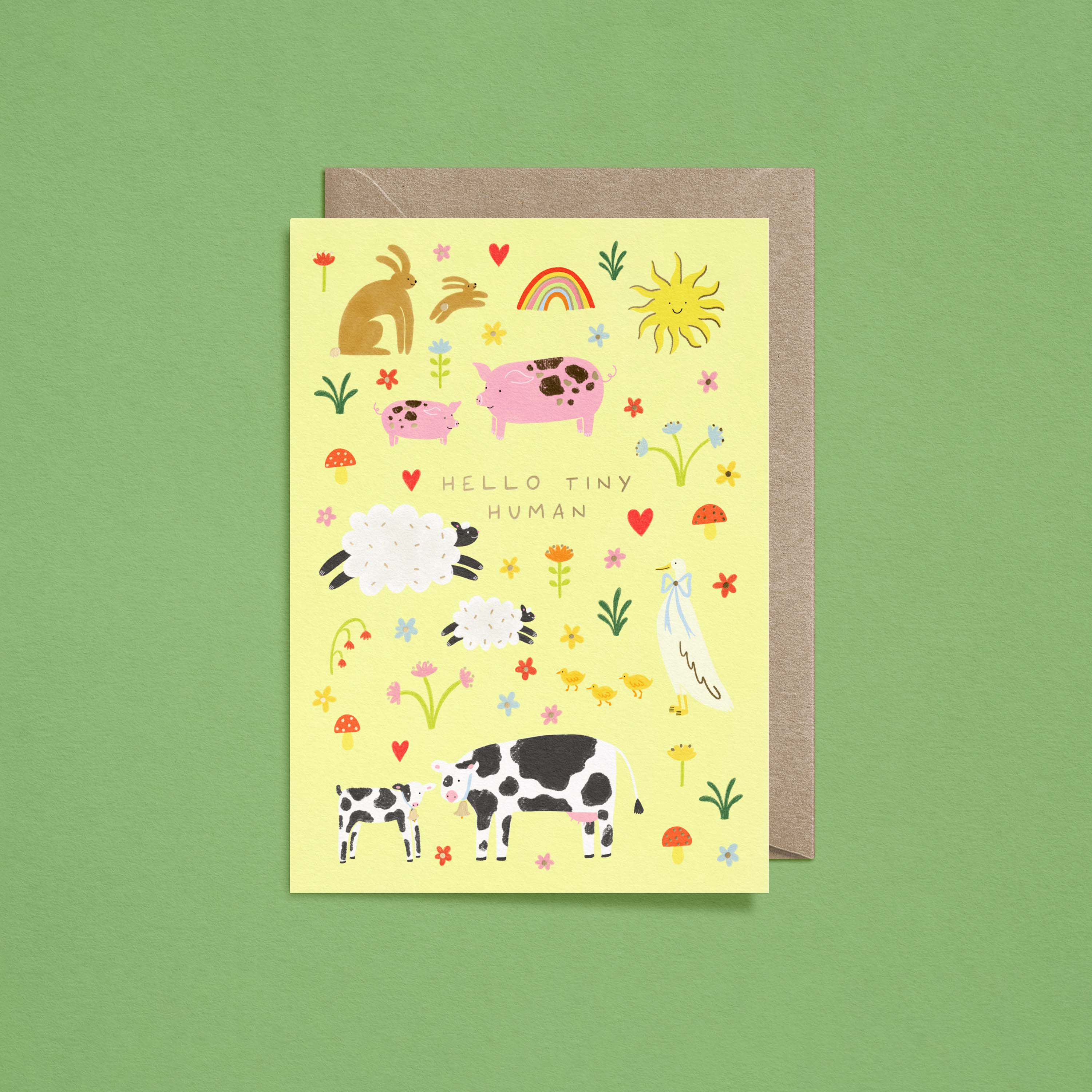 Hello Tiny Human Baby Card | Farm Animals Card | Gold Foiled