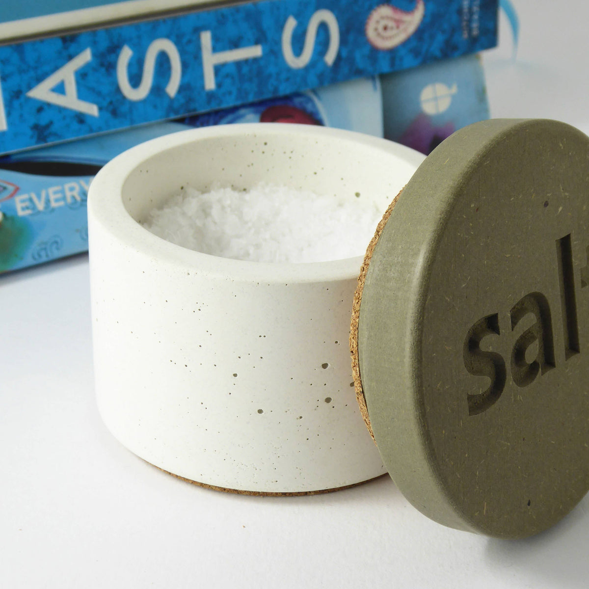 White concrete salt pot with sage engraved wooden lid