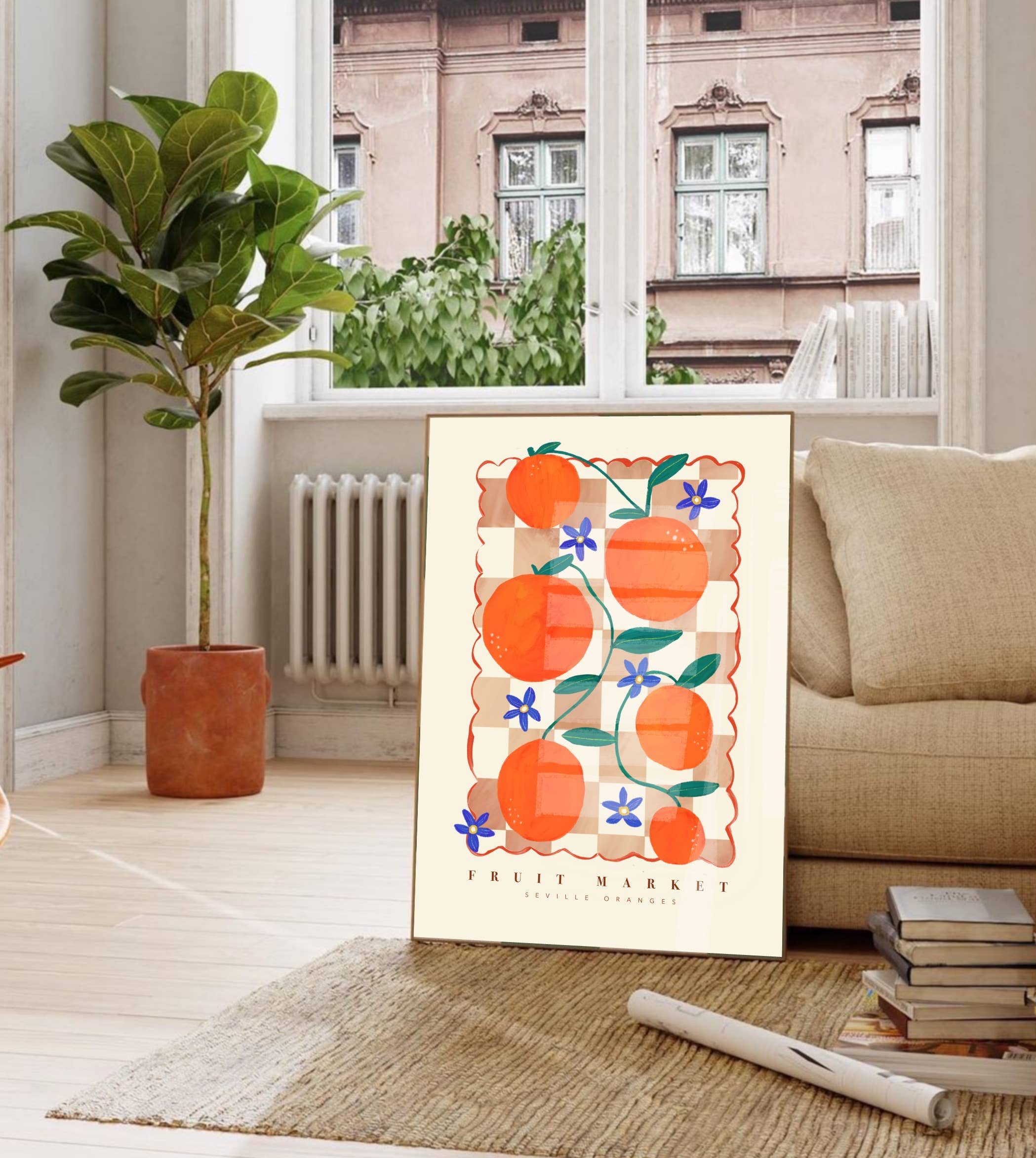 Modern Pink Art Print of Colourful Orange Fruit Market