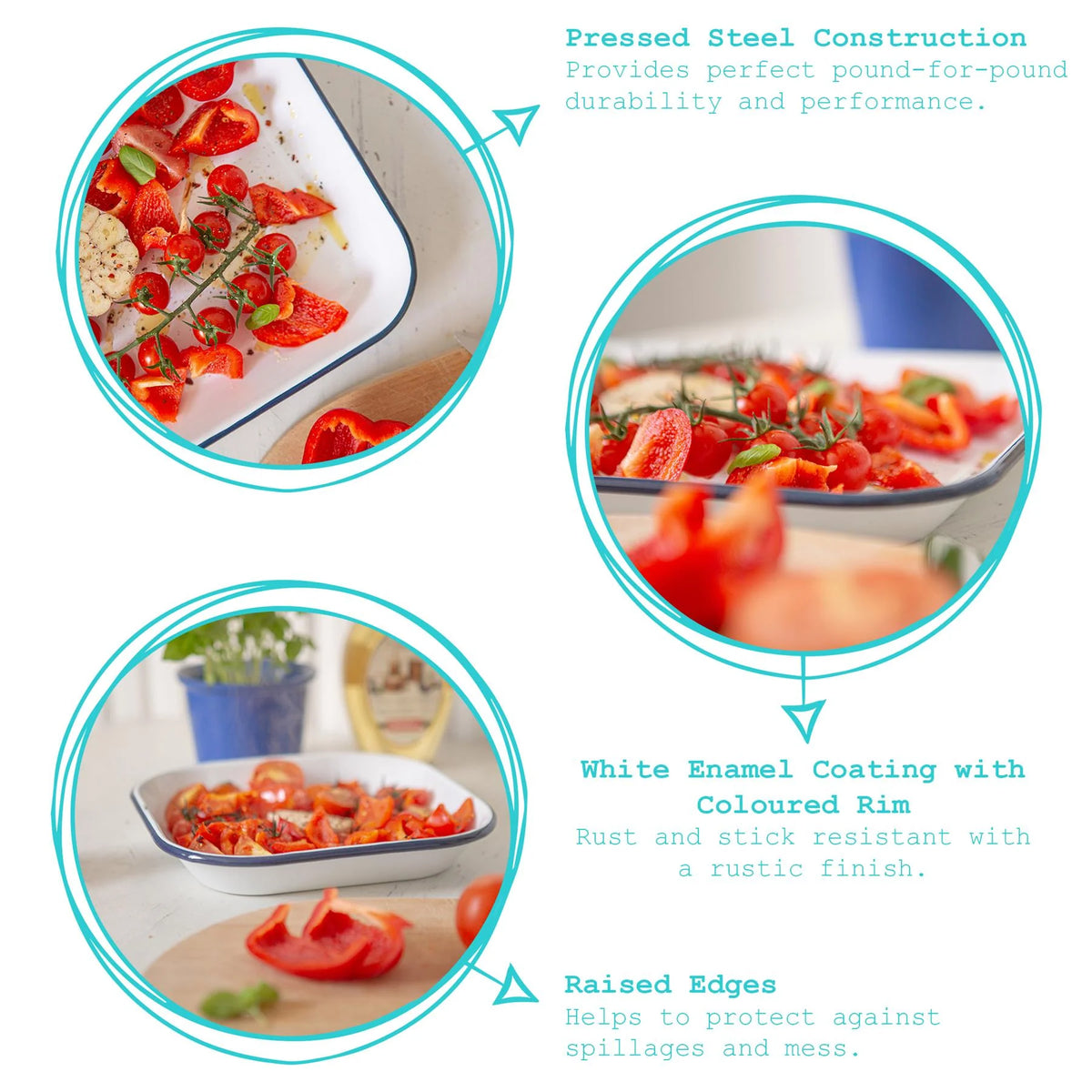 White Enamel Rect. Baking Tray - 34cm x 26cm - Navy Edge