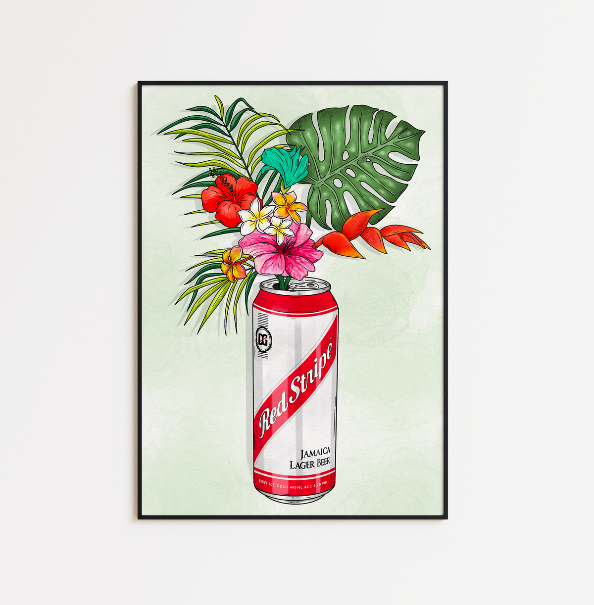 Red Stripe and Tropical Flowers