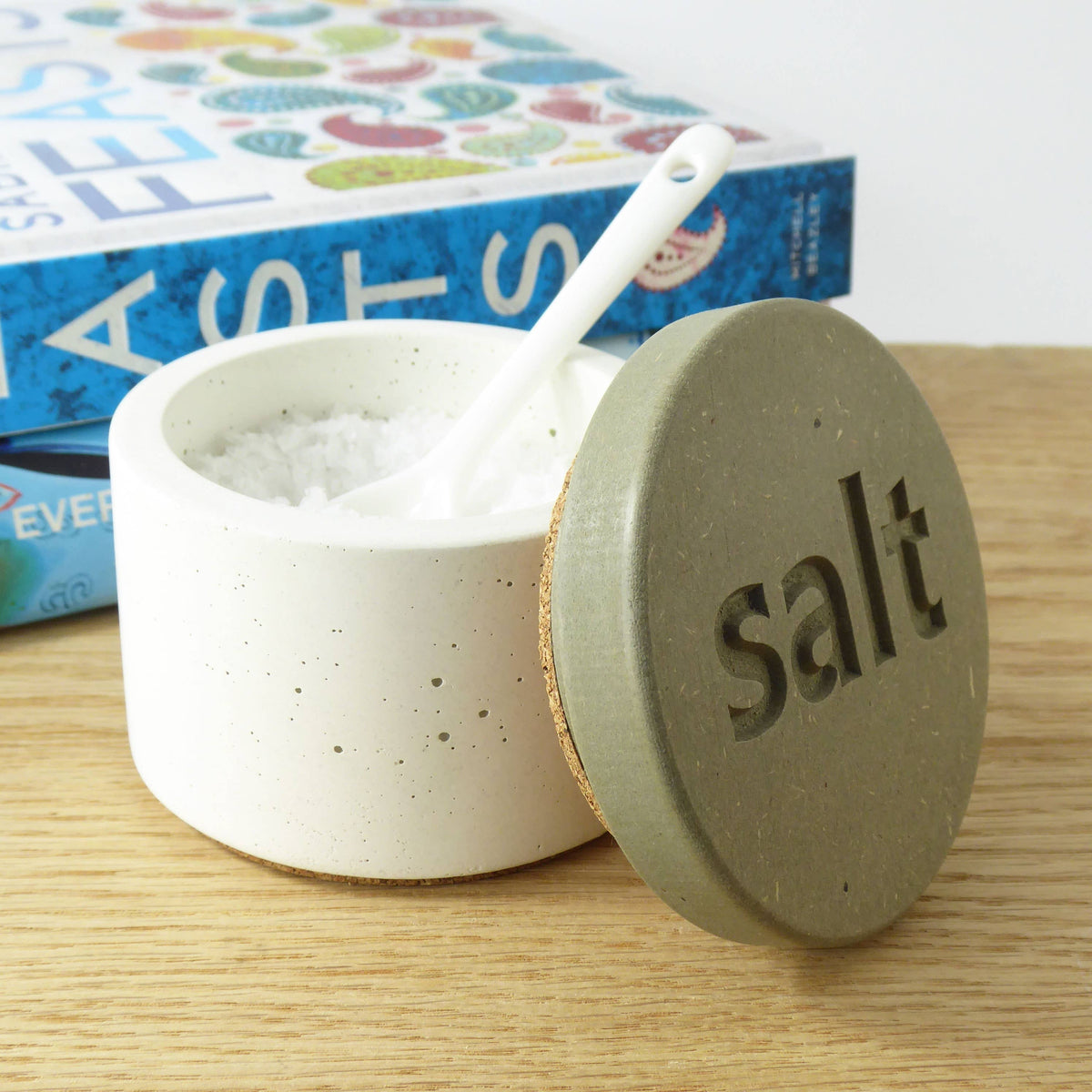 White concrete salt pot with sage engraved wooden lid