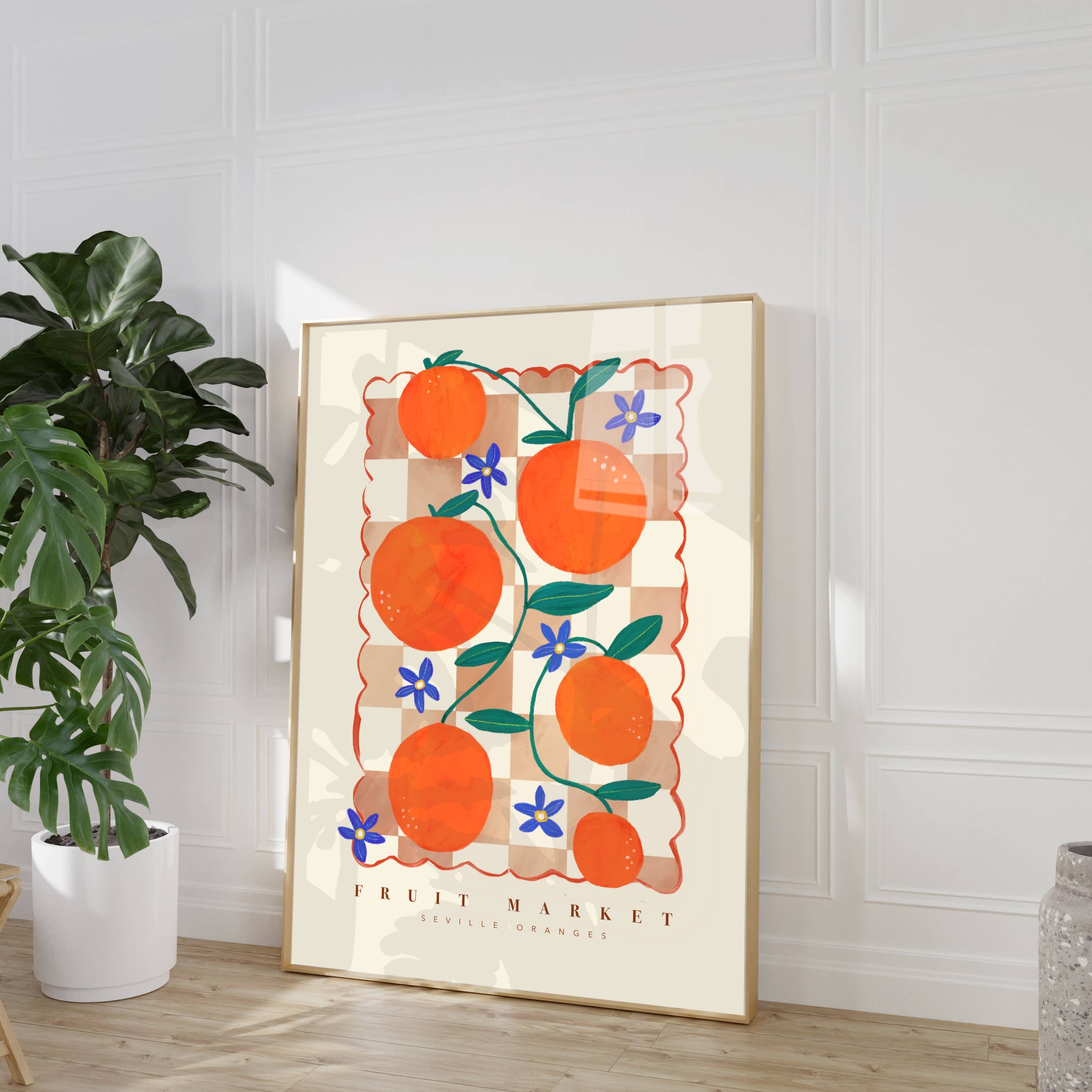 Modern Pink Art Print of Colourful Orange Fruit Market