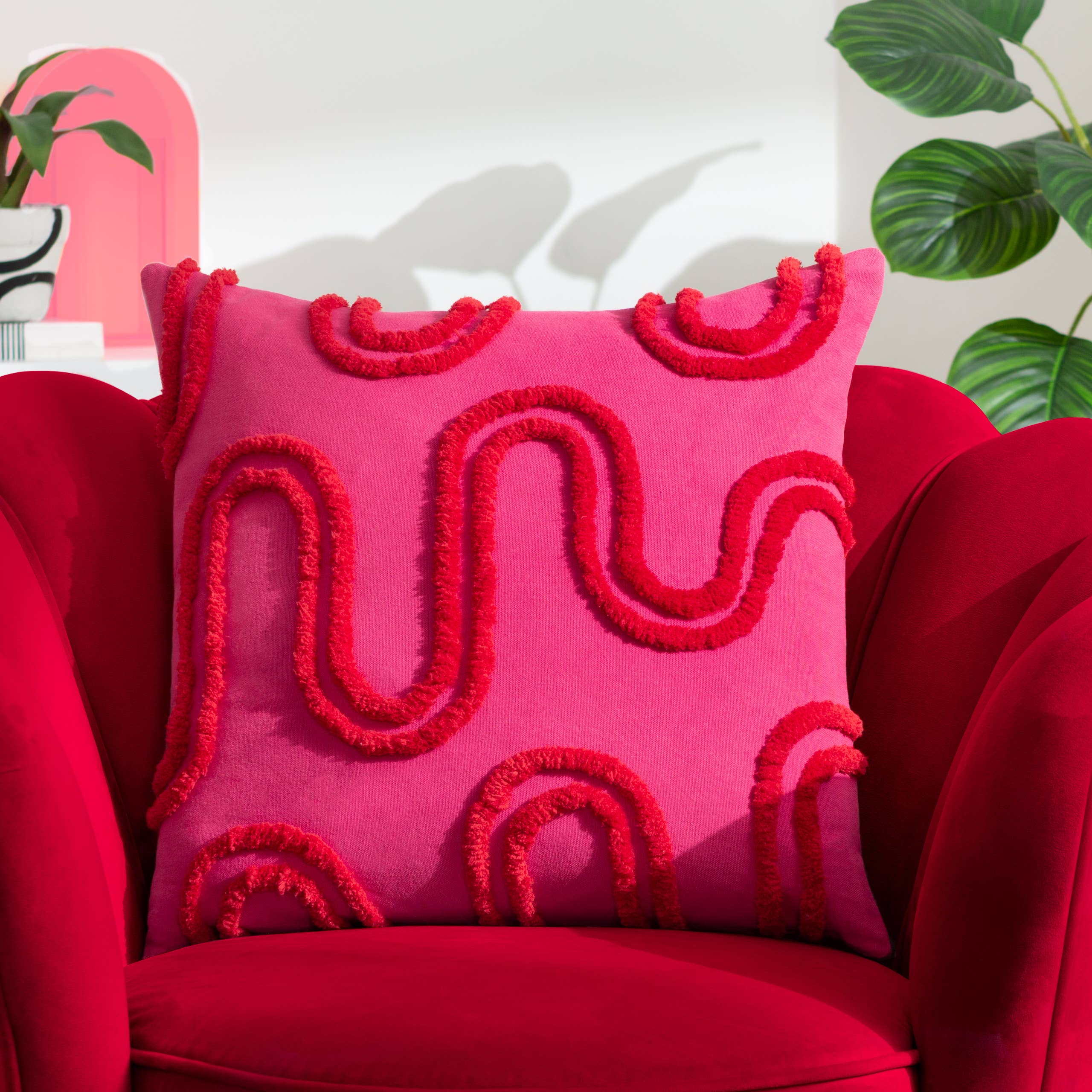 Archie Tufted Feather Rich Filled Cushion Pink/Red