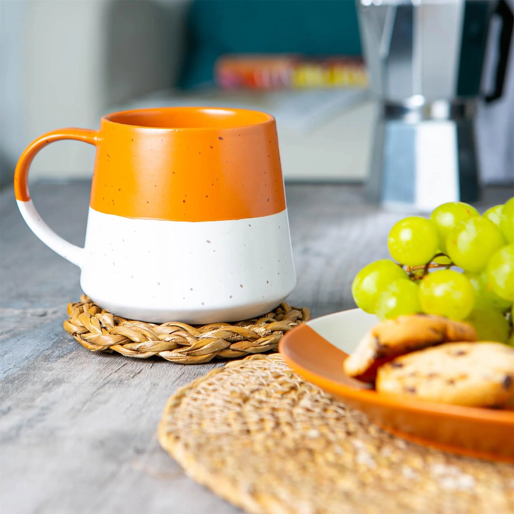 Burnt Orange Colour Block Flecked Stoneware Belly Coffee Mug - 370ml