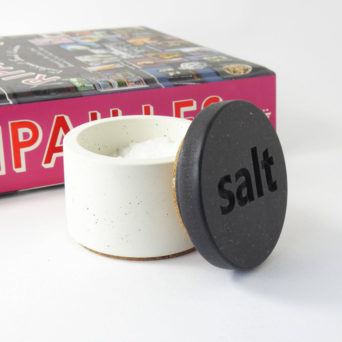 Concrete salt pot with black engraved wooden lid