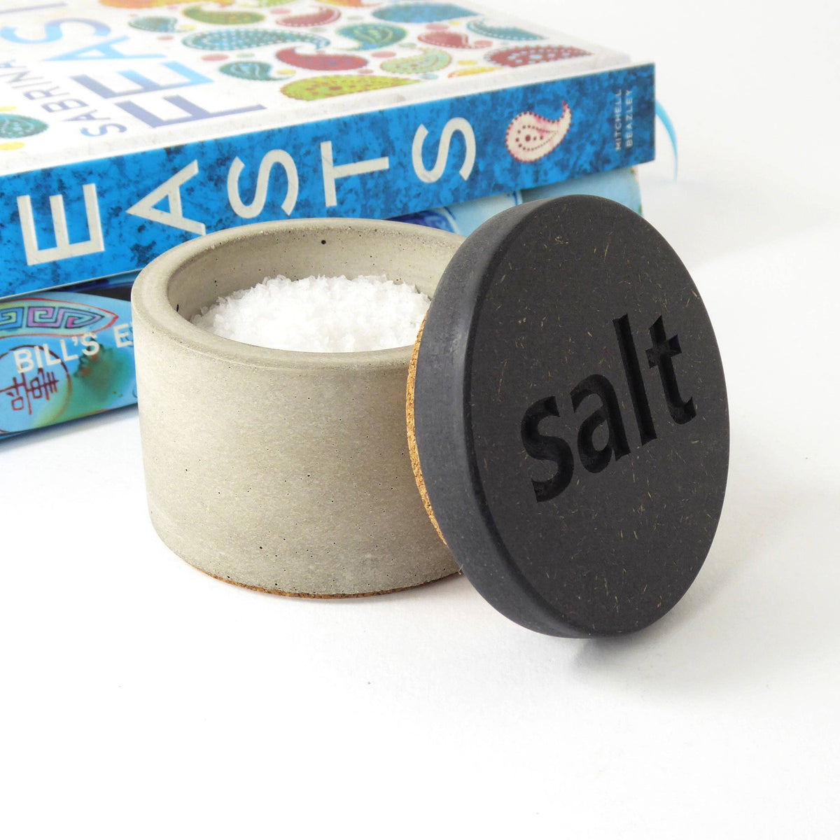 Concrete salt pot with black engraved wooden lid