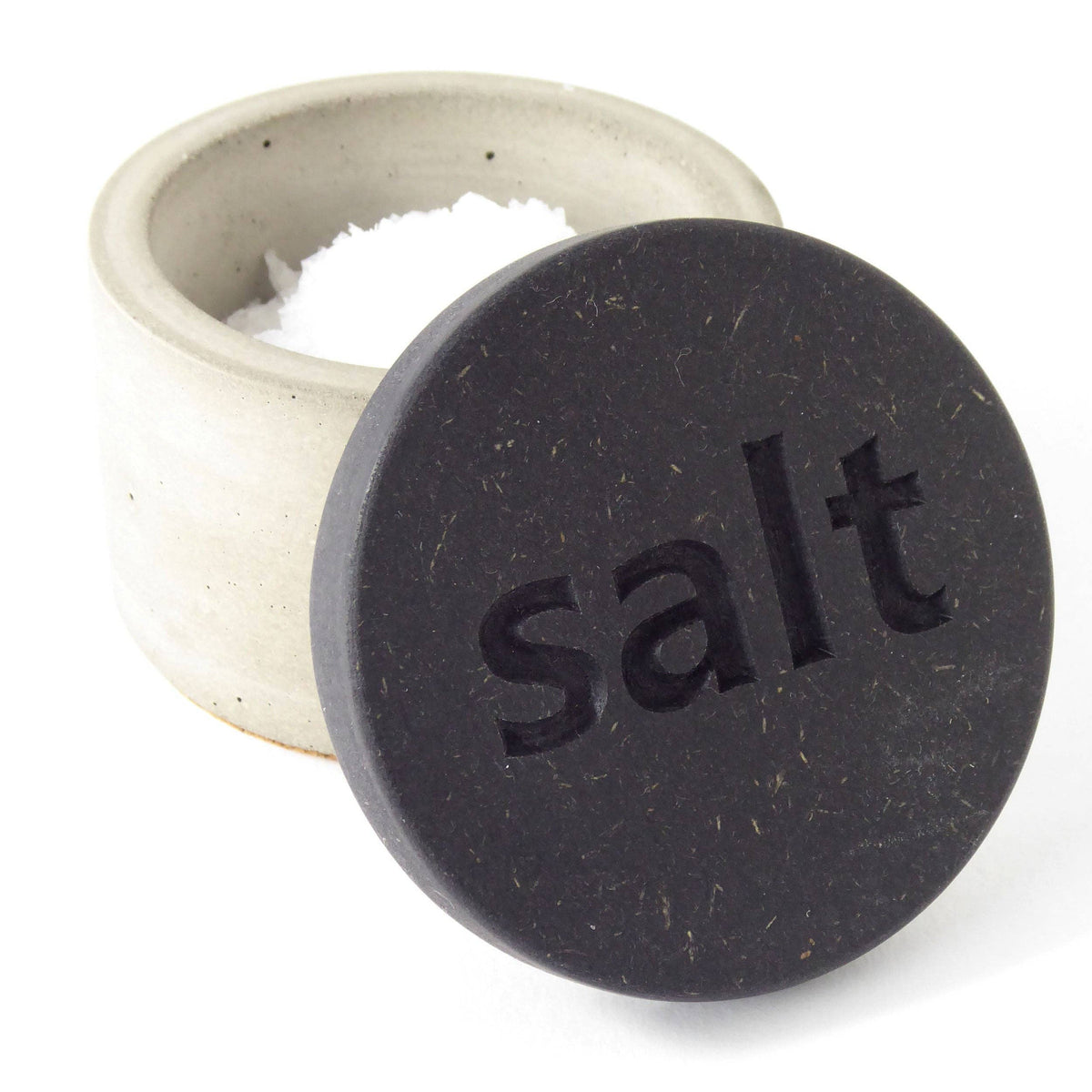 Concrete salt pot with black engraved wooden lid