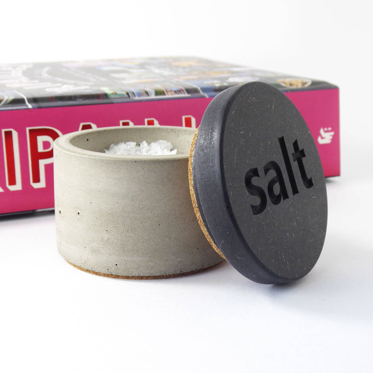 Concrete salt pot with black engraved wooden lid