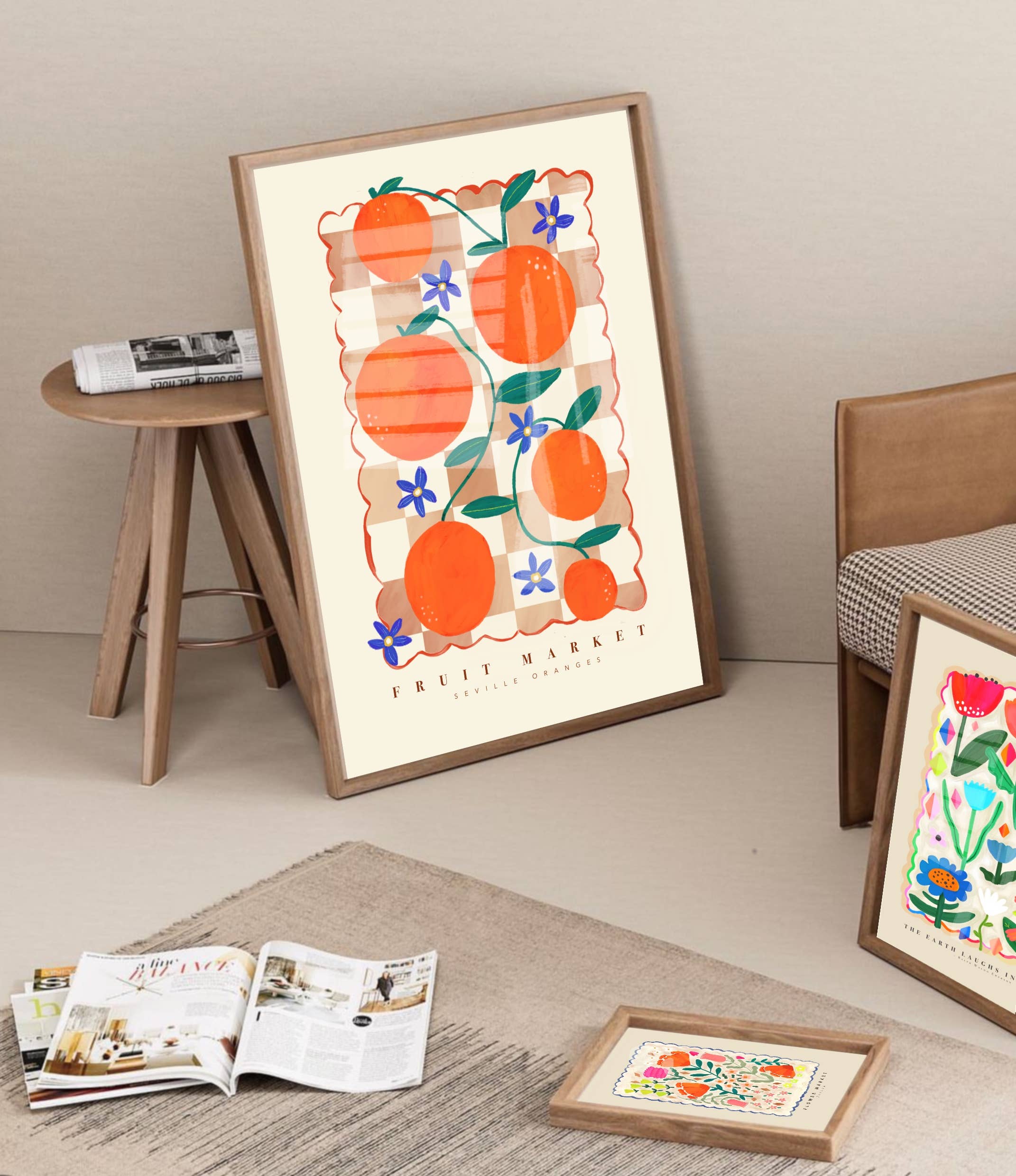 Modern Pink Art Print of Colourful Orange Fruit Market