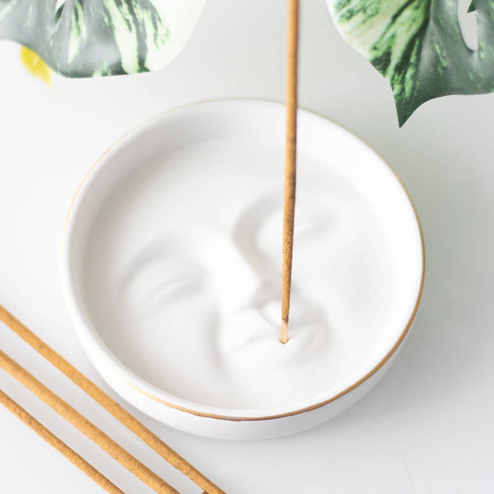 White Moon Face Ceramic Incense Stick Holder Plate