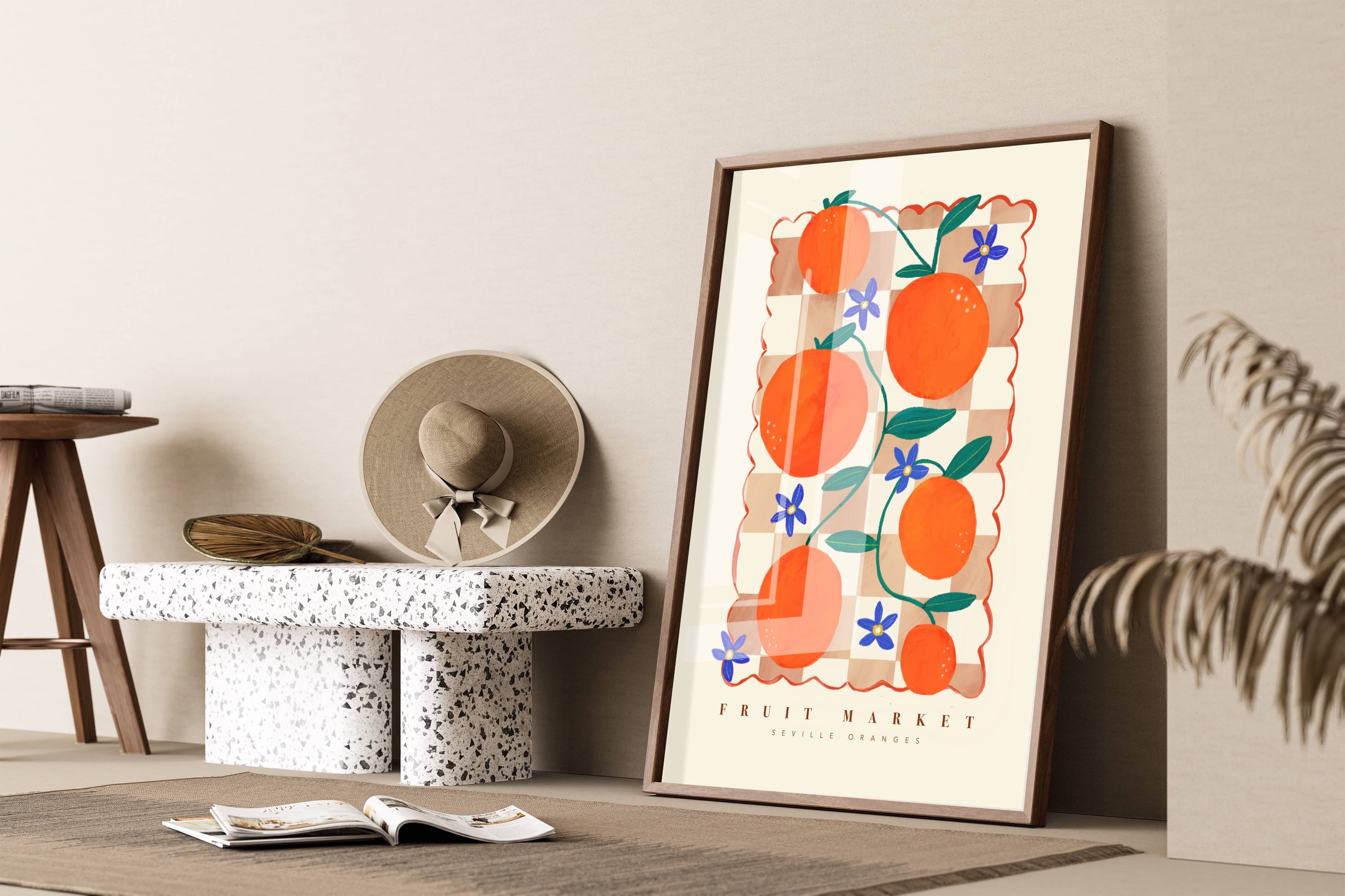 Modern Pink Art Print of Colourful Orange Fruit Market