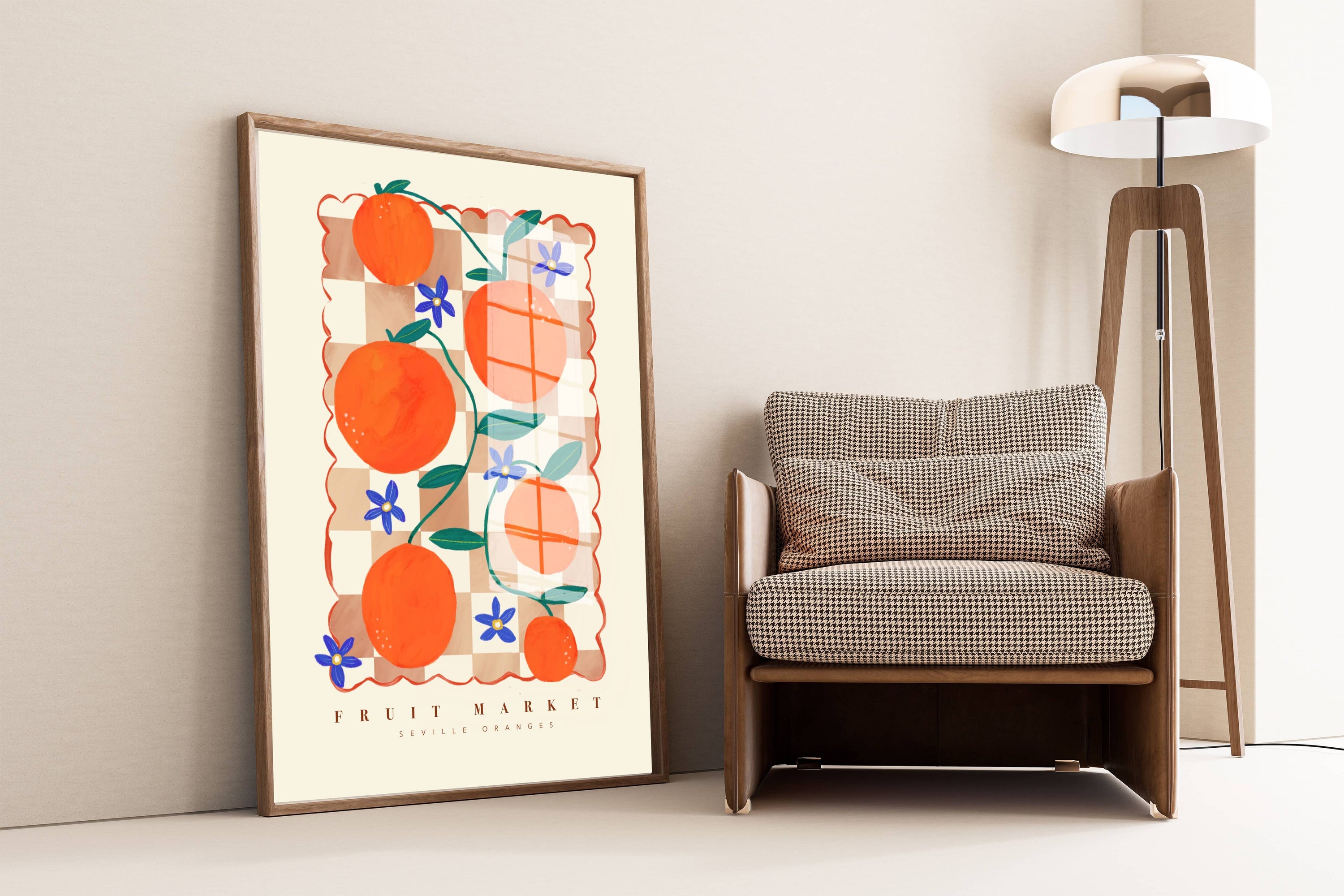 Modern Pink Art Print of Colourful Orange Fruit Market
