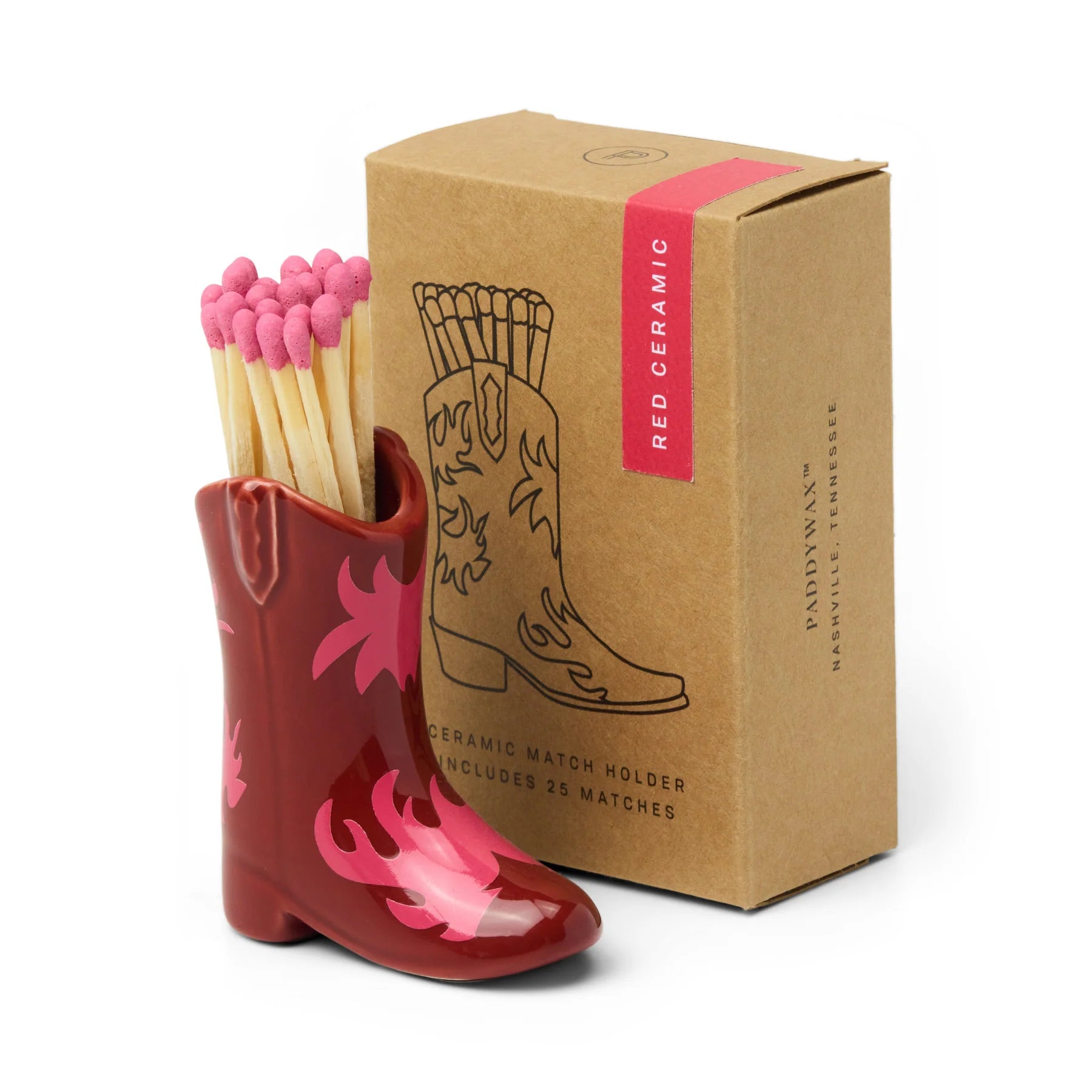 Paddywax Nashville Ceramic Boot Matches Holder w/25 Matchsticks - Red & Pink