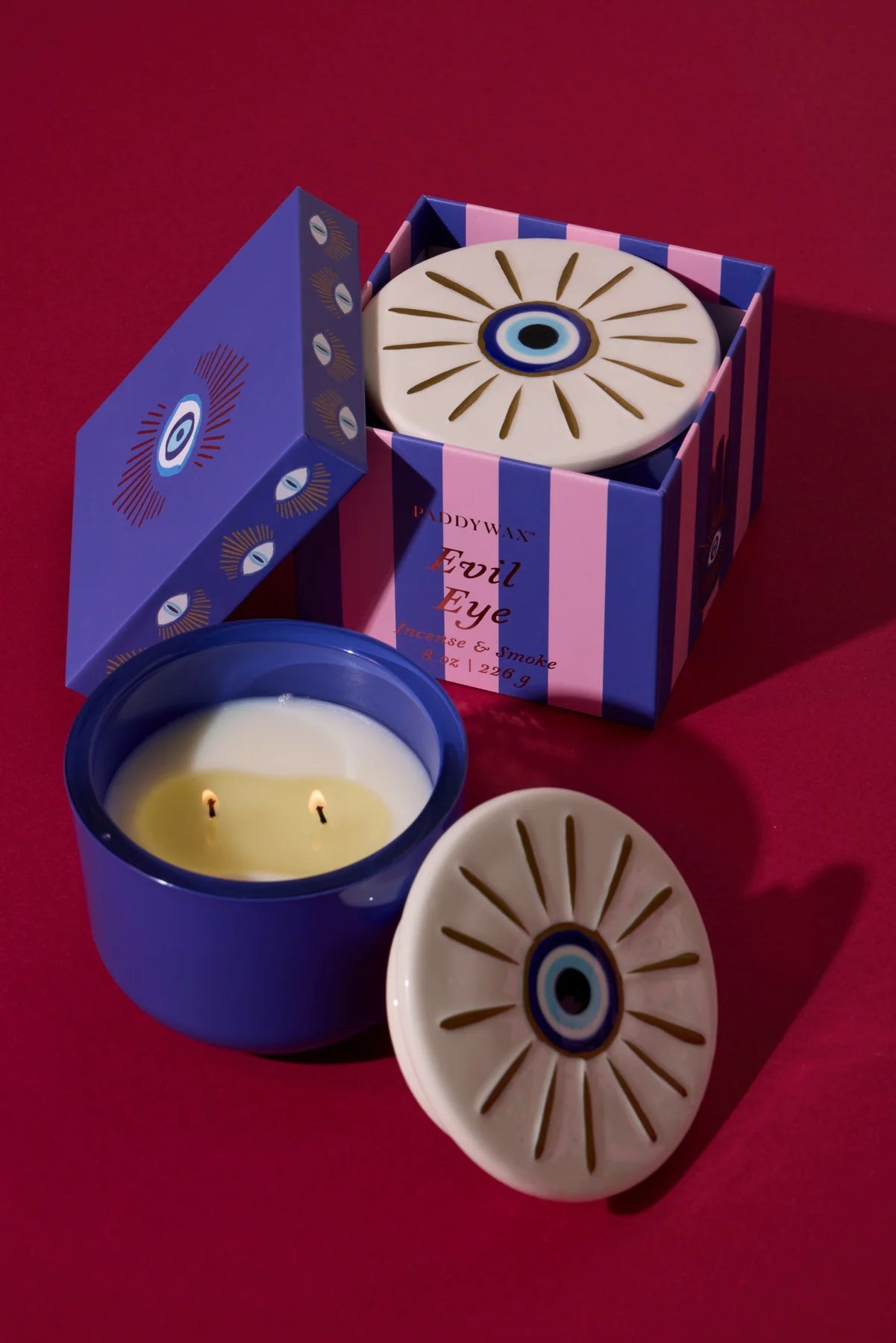 Charmed 8oz/226g Blue Glass Candle with Evil Eye Ceramic - Incense & Smoke