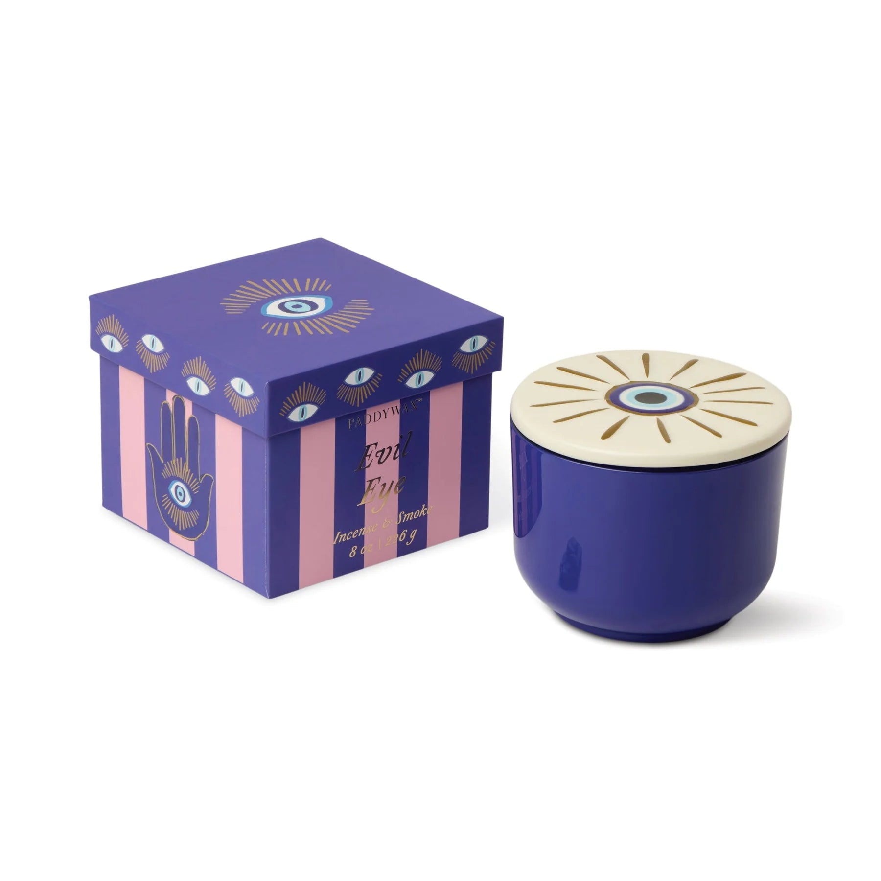Charmed 8oz/226g Blue Glass Candle with Evil Eye Ceramic - Incense & Smoke