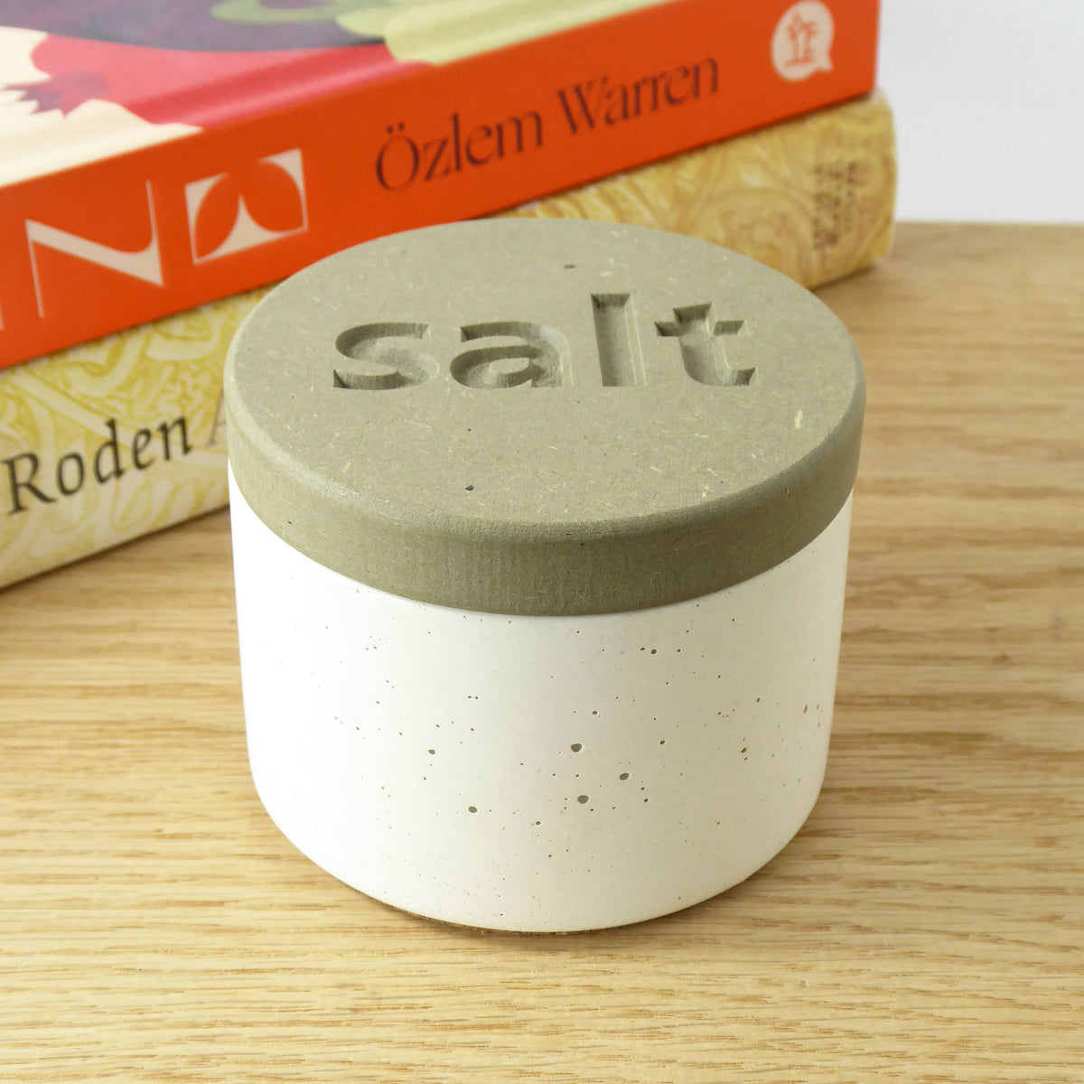 White concrete salt pot with sage engraved wooden lid