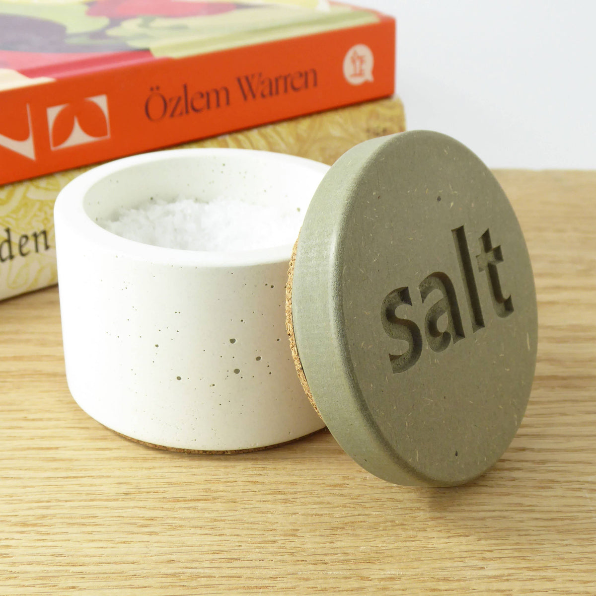 White concrete salt pot with sage engraved wooden lid