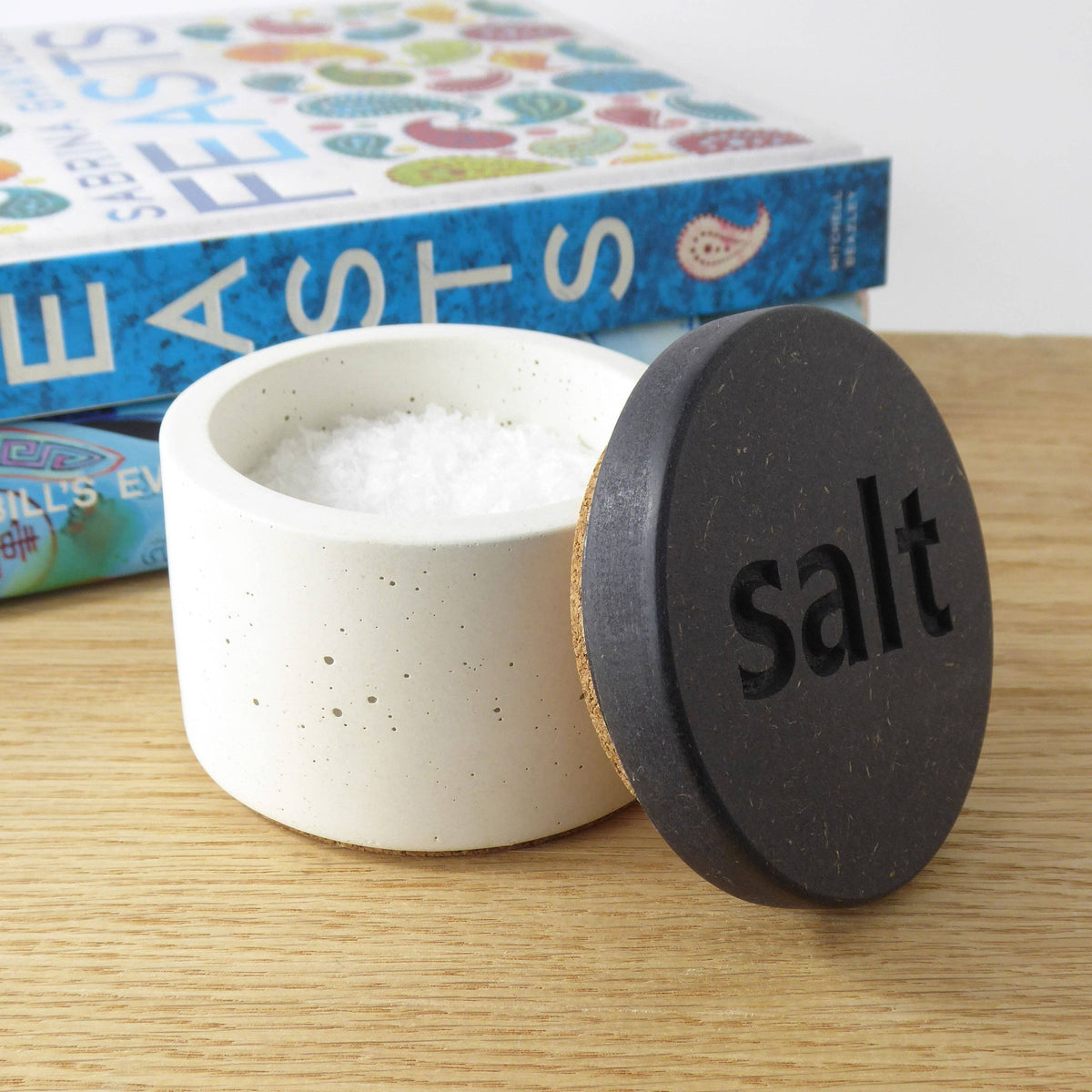 Concrete salt pot with black engraved wooden lid