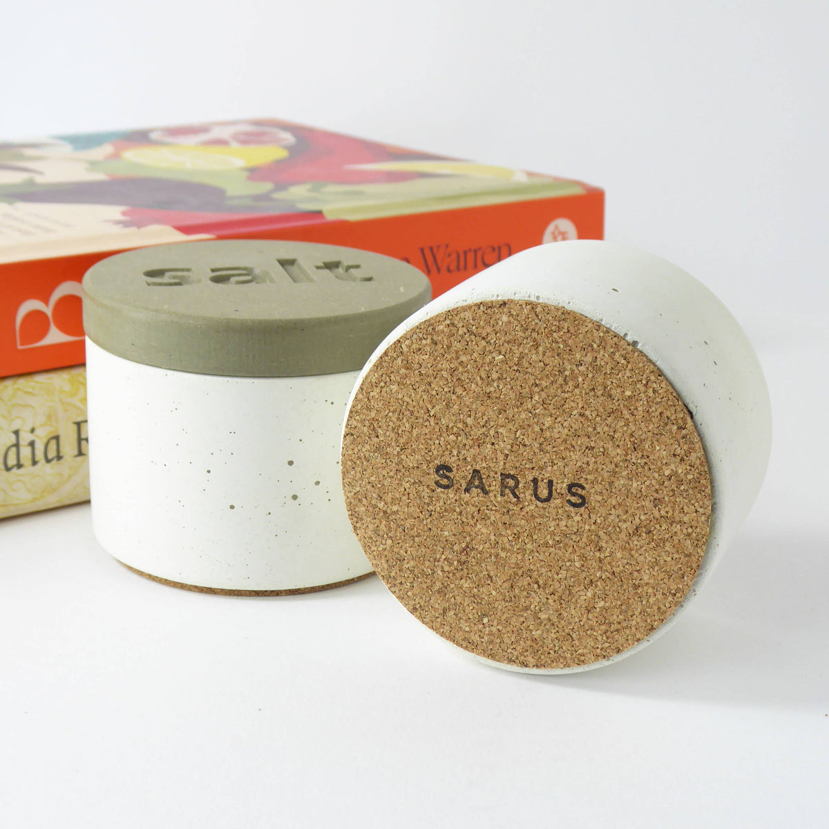White concrete salt pot with sage engraved wooden lid