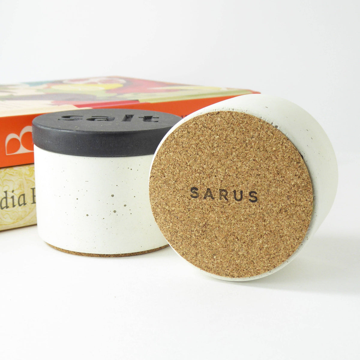 Concrete salt pot with black engraved wooden lid