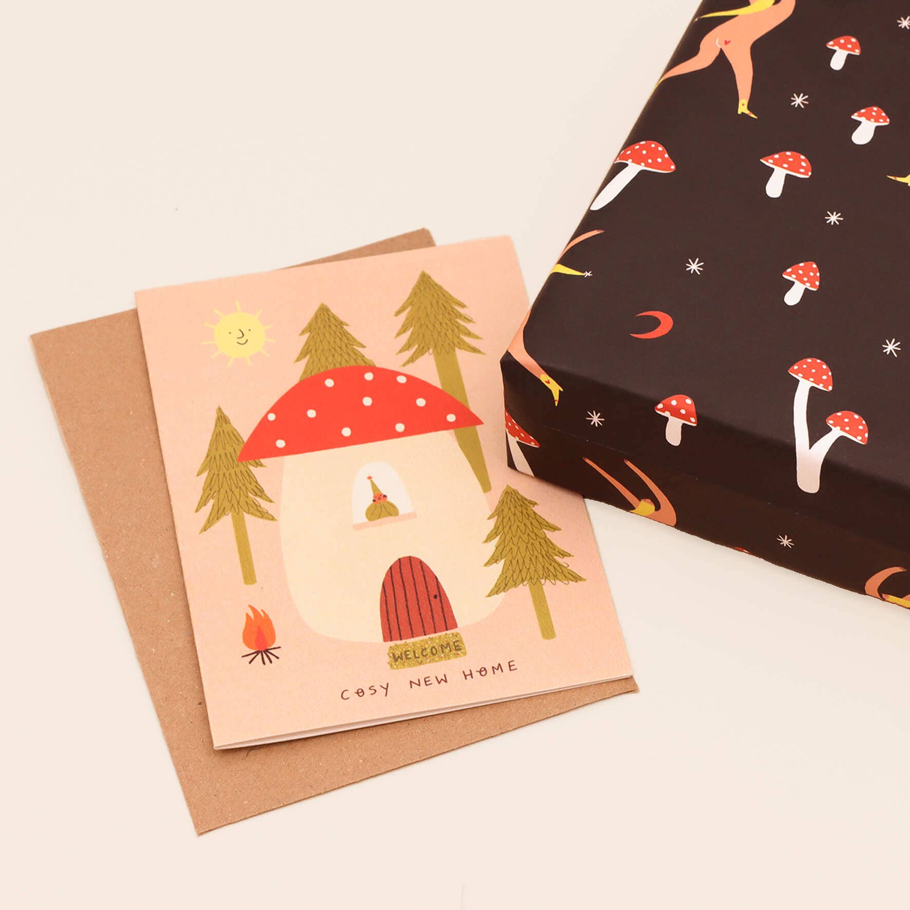 Toadstool Cosy New Home Card | Folky Moving Card | Woodland