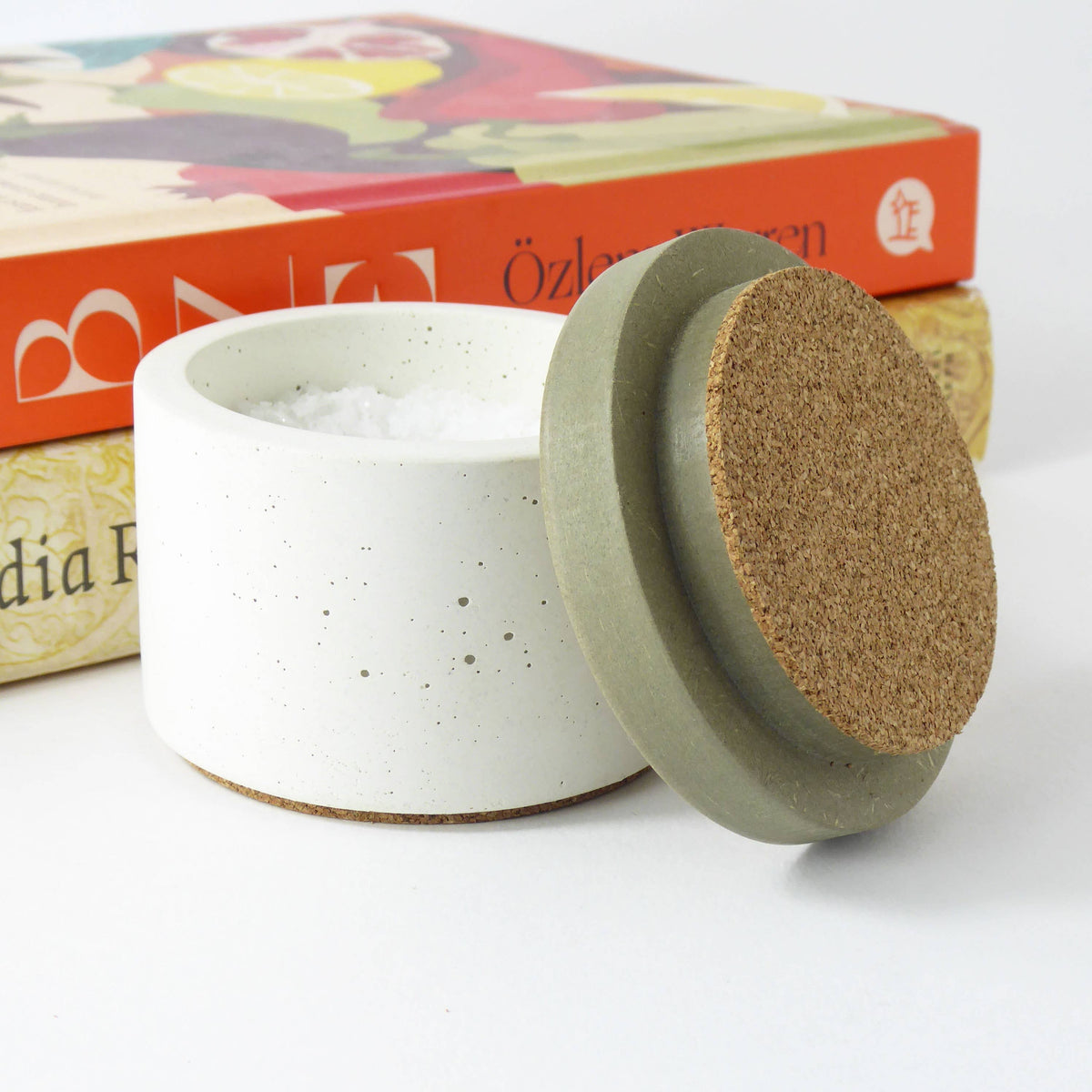White concrete salt pot with sage engraved wooden lid