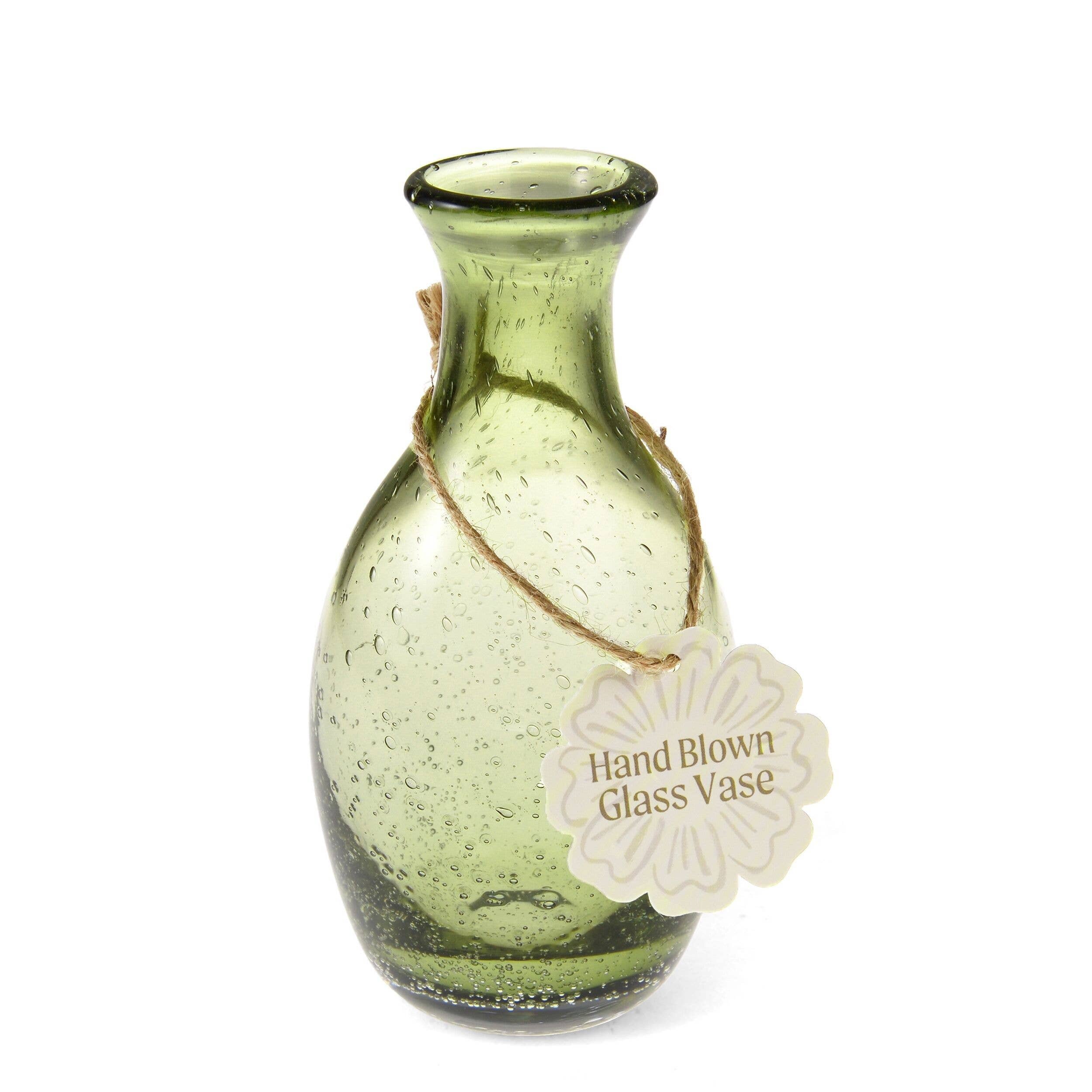 Hand Blown Bubble Glass Vase (14cm) - Olive Green