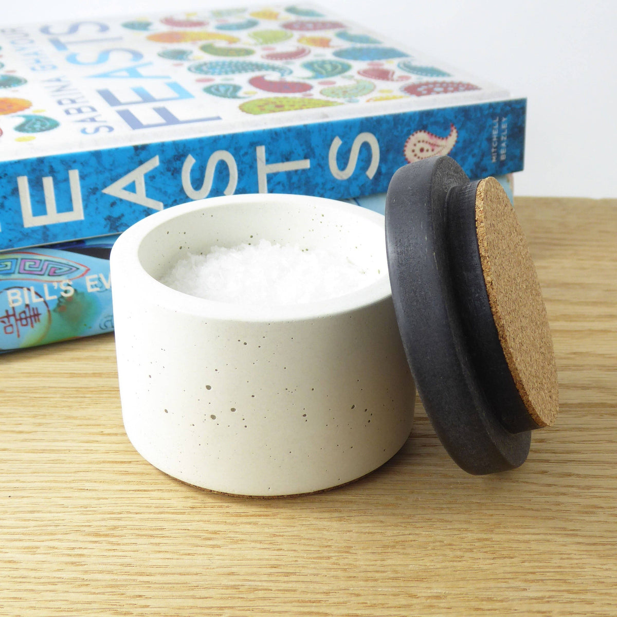 Concrete salt pot with black engraved wooden lid