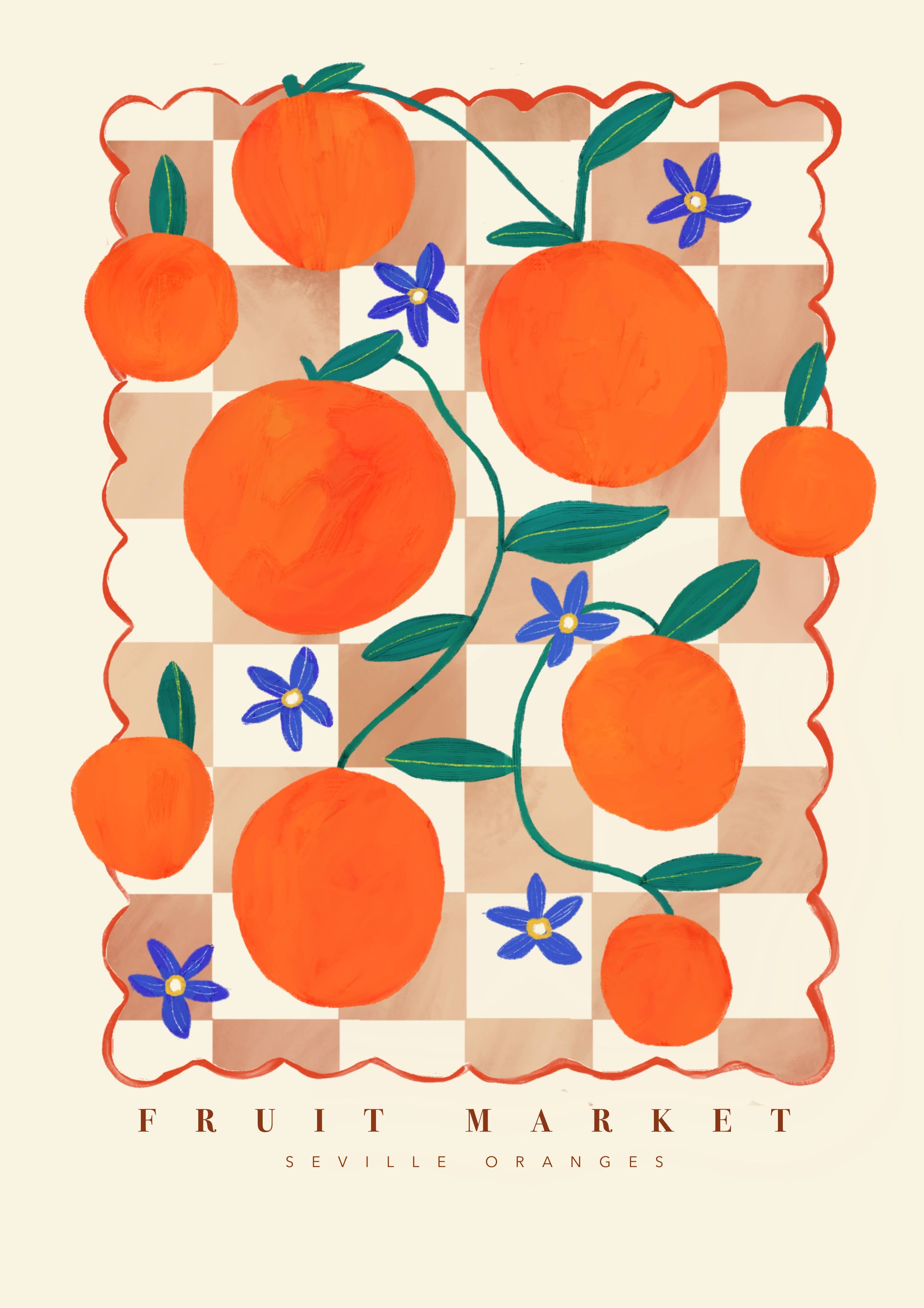 Modern Pink Art Print of Colourful Orange Fruit Market